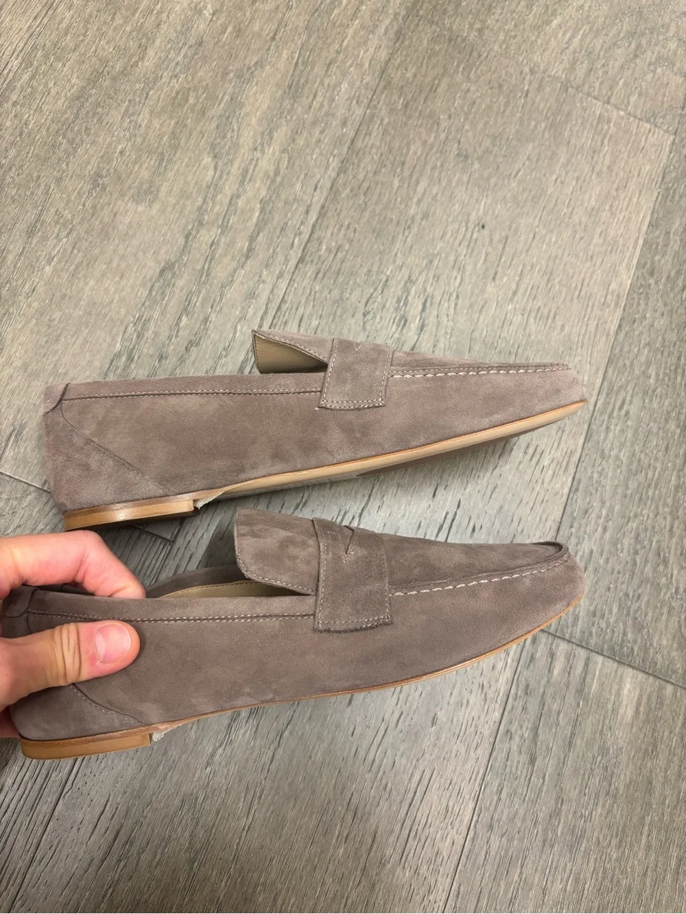NWT JAMIE HALLER-Suede Taupe Penny Loafer (38)